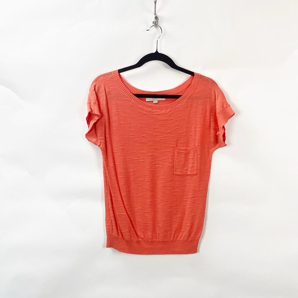LOFT Small Womens Soft Orange Scoop-neck Pocket Knit Top Pullover Short Sleeve
